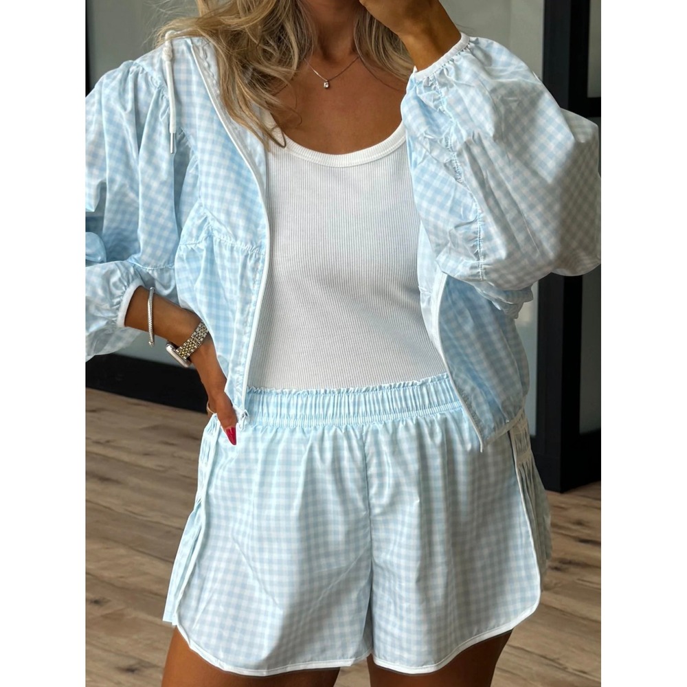 Talulah Blue Gingham 2 Piece Set Cropped Zip Hoodie and Pleated Shorts Medium